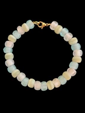 Handmade Sea Glass Beaded Bracelet in Aqua, White & Green